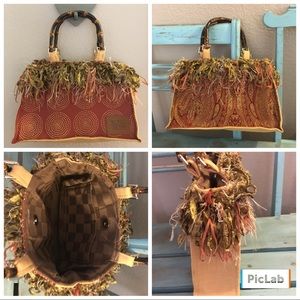 WN Zagbag Kitschy Fringed with Feathers Handbag with Bamboo Handles New